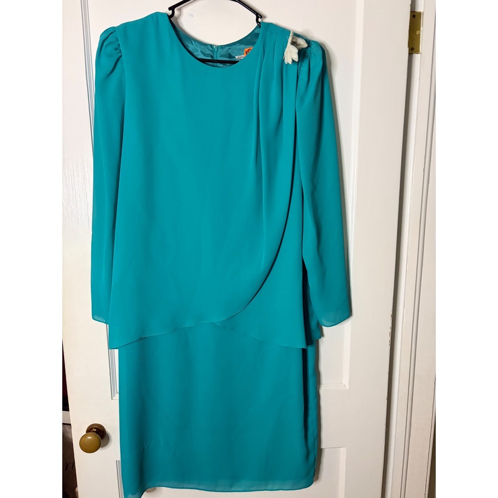 After Dark Vintage Teal Chiffon Tiered Cocktail Dress Beaded Floral Shoulder 15